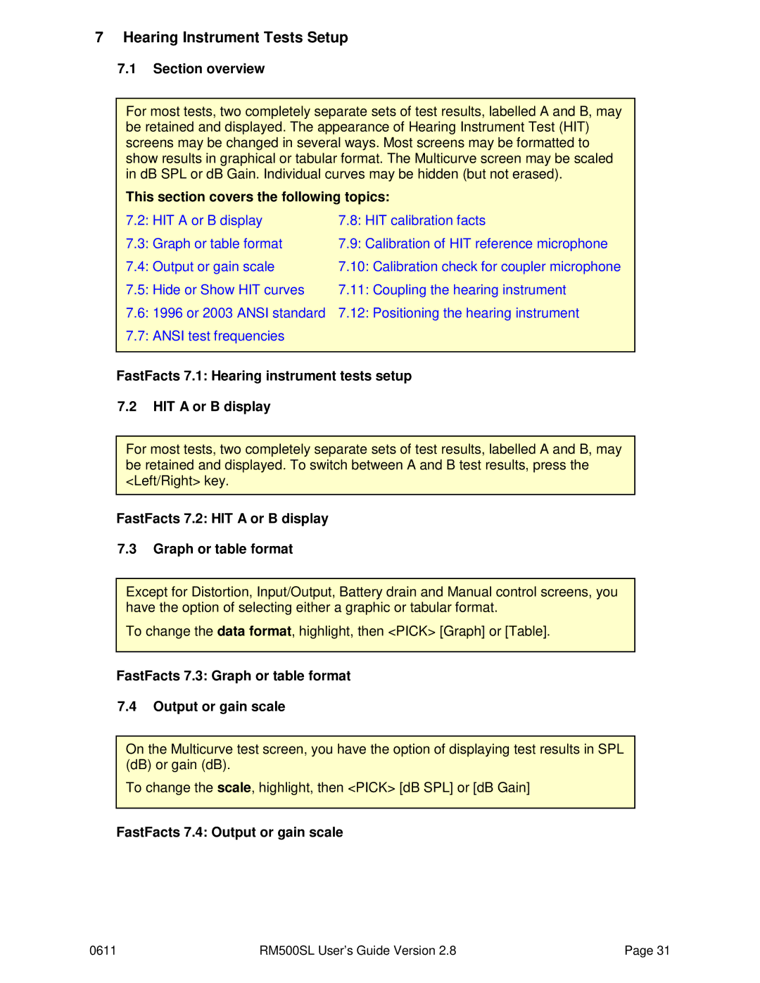 HP RM500SL manual Hearing Instrument Tests Setup, FastFacts 7.2 HIT a or B display Graph or table format 