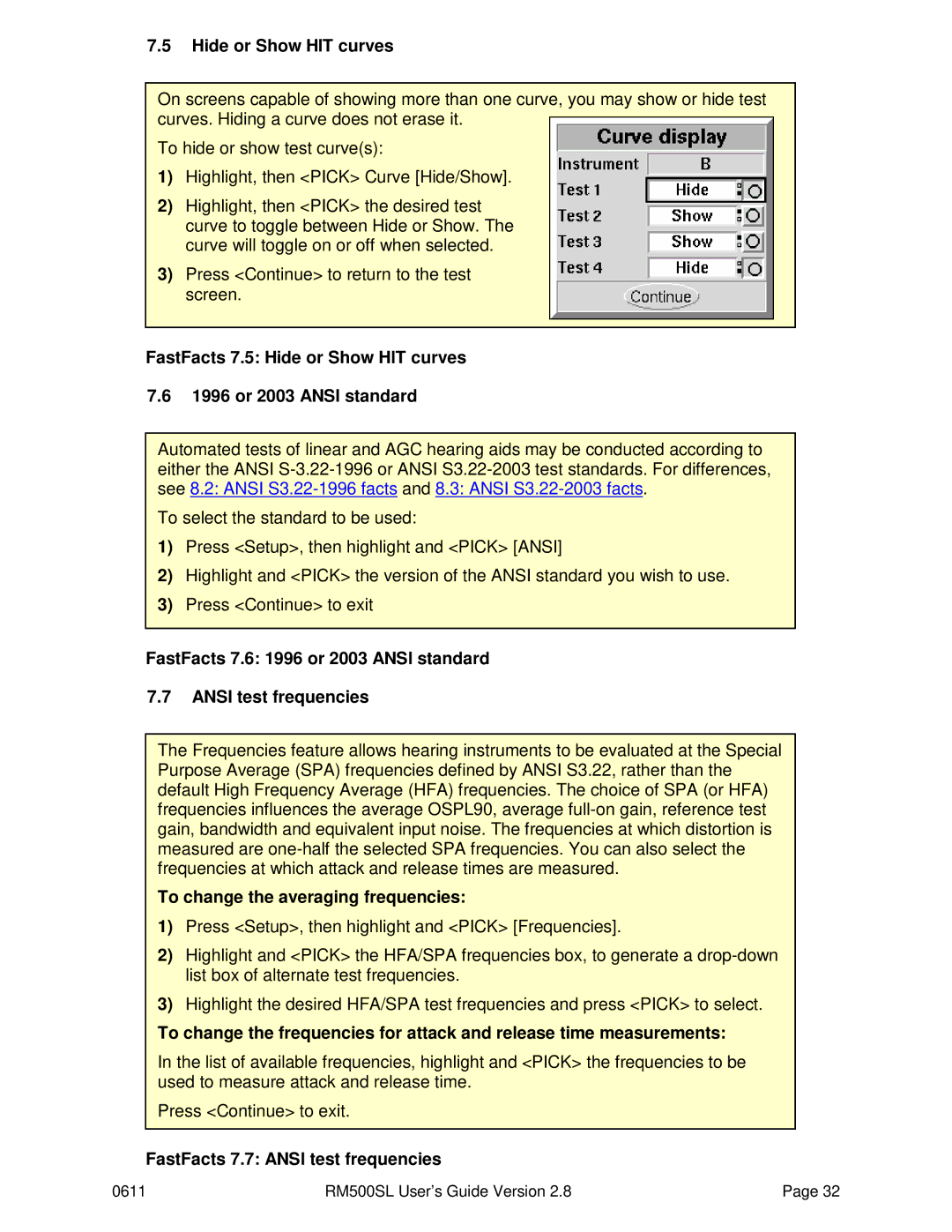 HP RM500SL manual Hide or Show HIT curves, To change the averaging frequencies, FastFacts 7.7 Ansi test frequencies 