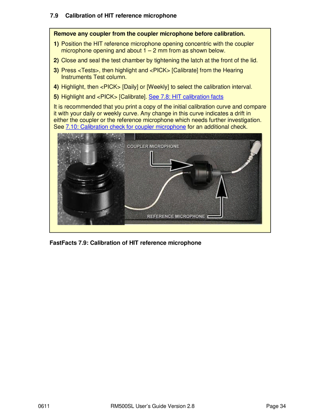 HP RM500SL manual FastFacts 7.9 Calibration of HIT reference microphone 