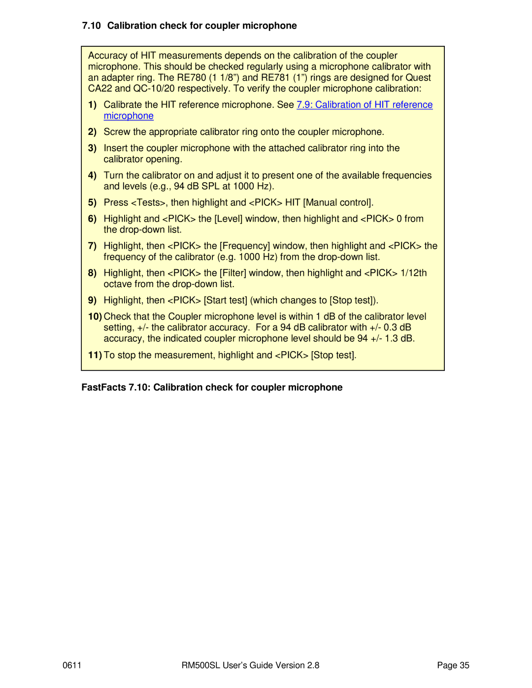 HP RM500SL manual FastFacts 7.10 Calibration check for coupler microphone 