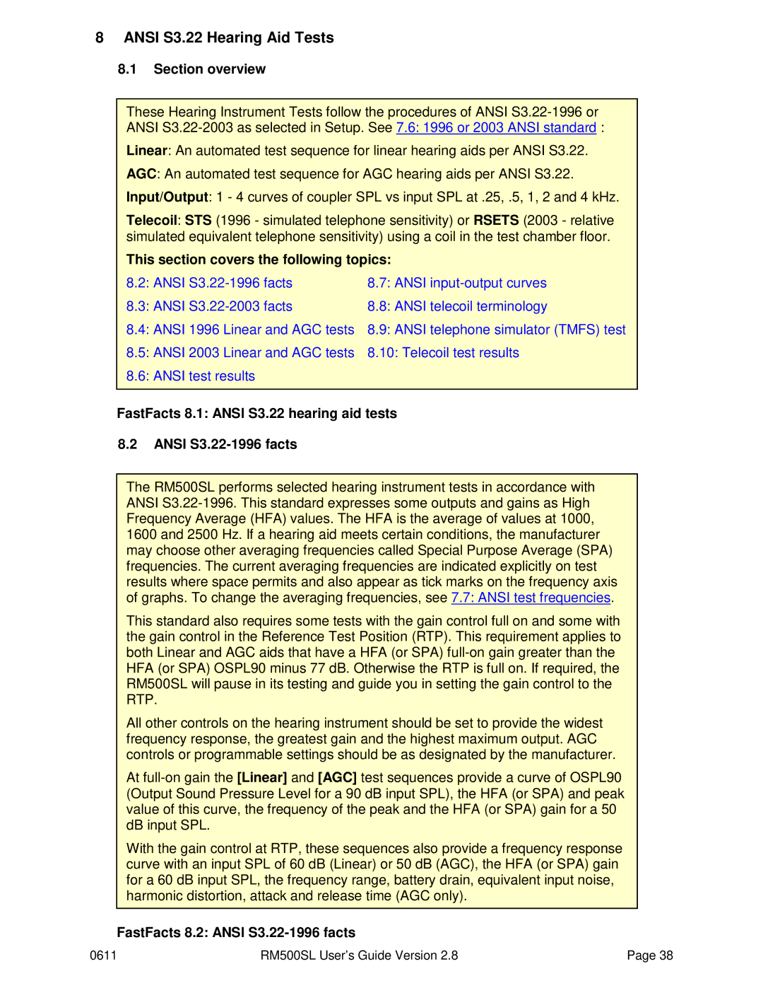 HP RM500SL manual Ansi S3.22 Hearing Aid Tests, FastFacts 8.2 Ansi S3.22-1996 facts 