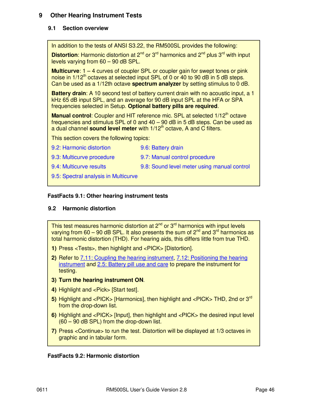 HP RM500SL manual Other Hearing Instrument Tests, Turn the hearing instrument on, FastFacts 9.2 Harmonic distortion 