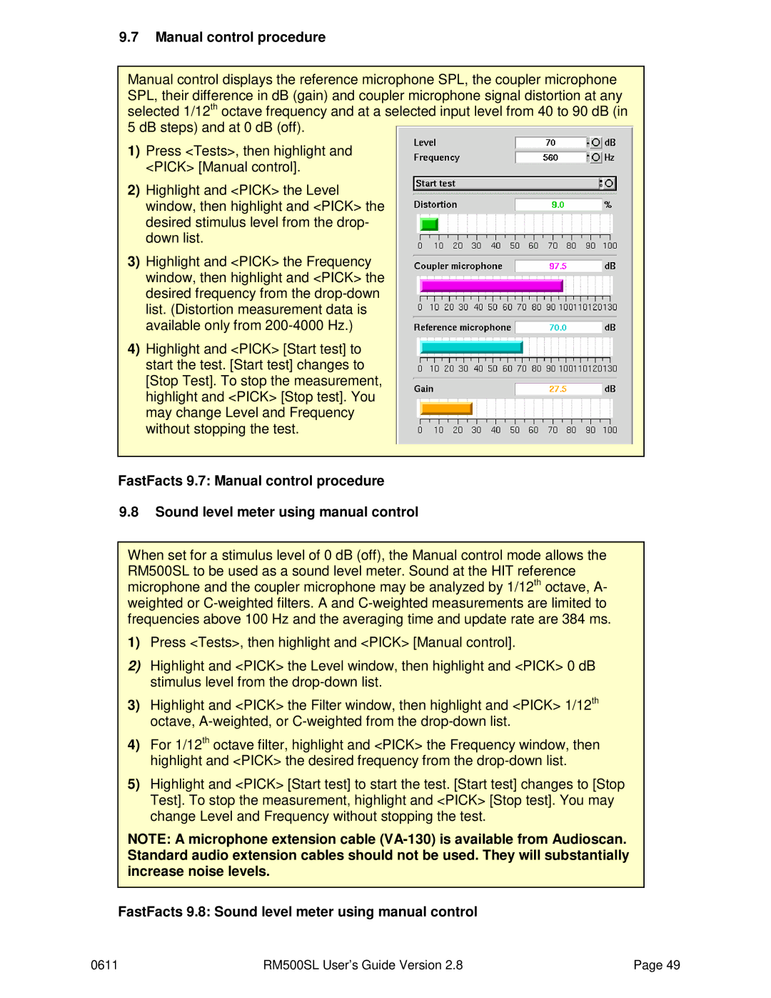 HP RM500SL Manual control procedure, FastFacts 9.8 Sound level meter using manual control 