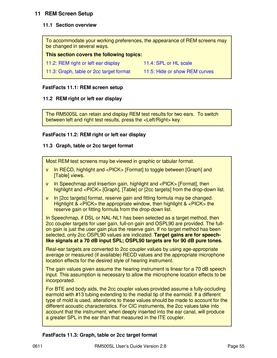 HP RM500SL manual REM Screen Setup, FastFacts 11.3 Graph, table or 2cc target format 