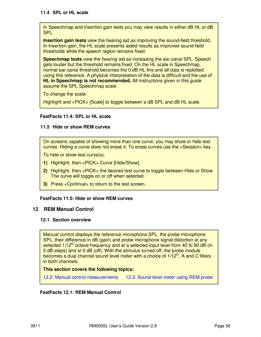 HP RM500SL manual REM Manual Control, FastFacts 11.4 SPL or HL scale Hide or show REM curves 