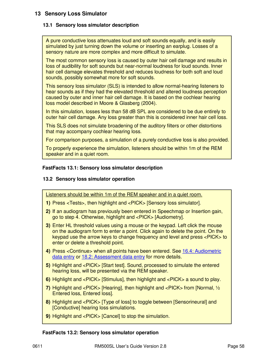 HP RM500SL Sensory Loss Simulator, Sensory loss simulator description, FastFacts 13.2 Sensory loss simulator operation 