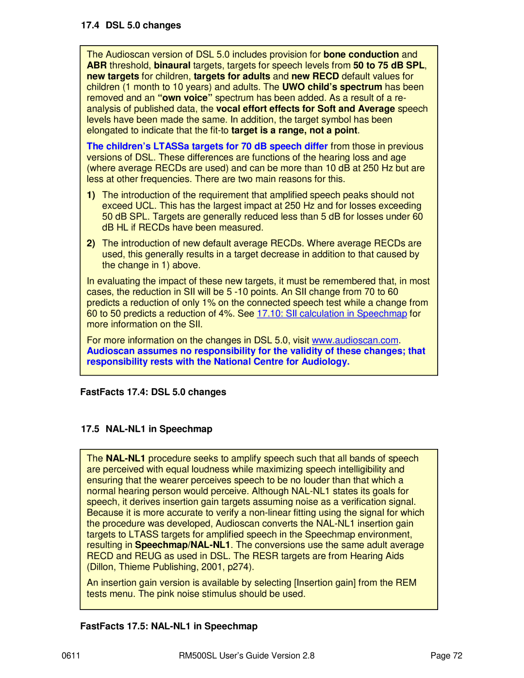 HP RM500SL manual FastFacts 17.4 DSL 5.0 changes NAL-NL1 in Speechmap, FastFacts 17.5 NAL-NL1 in Speechmap 