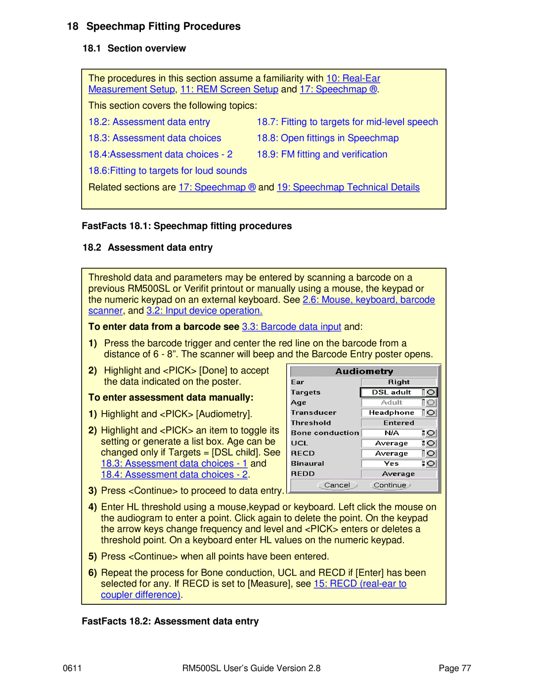 HP RM500SL Speechmap Fitting Procedures, To enter assessment data manually, FastFacts 18.2 Assessment data entry 