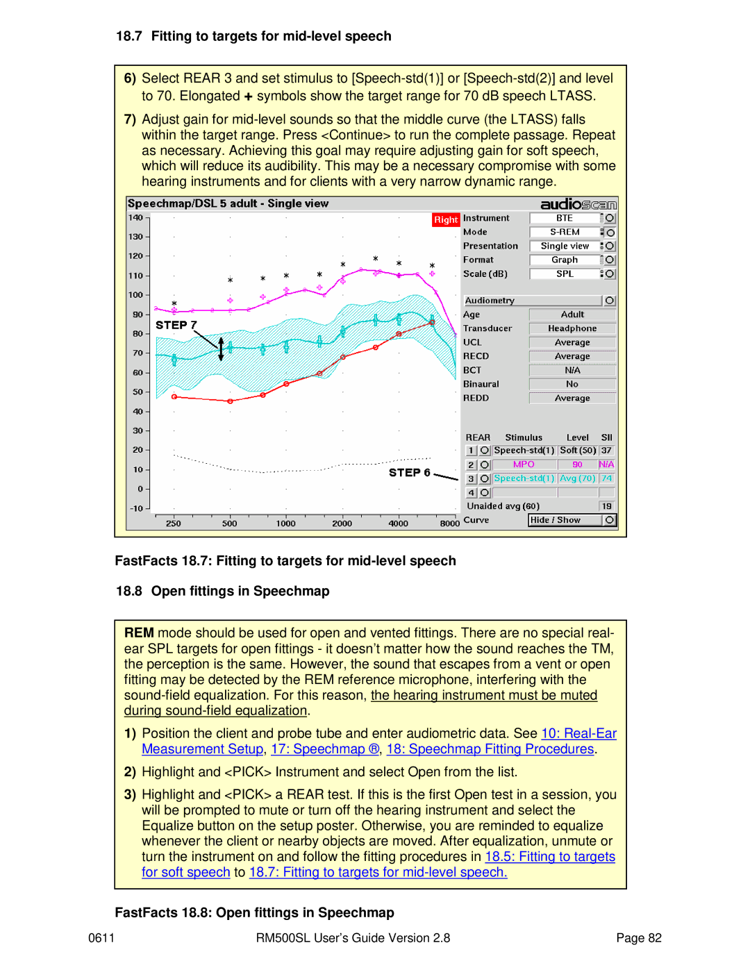 HP RM500SL manual Fitting to targets for mid-level speech, FastFacts 18.8 Open fittings in Speechmap 