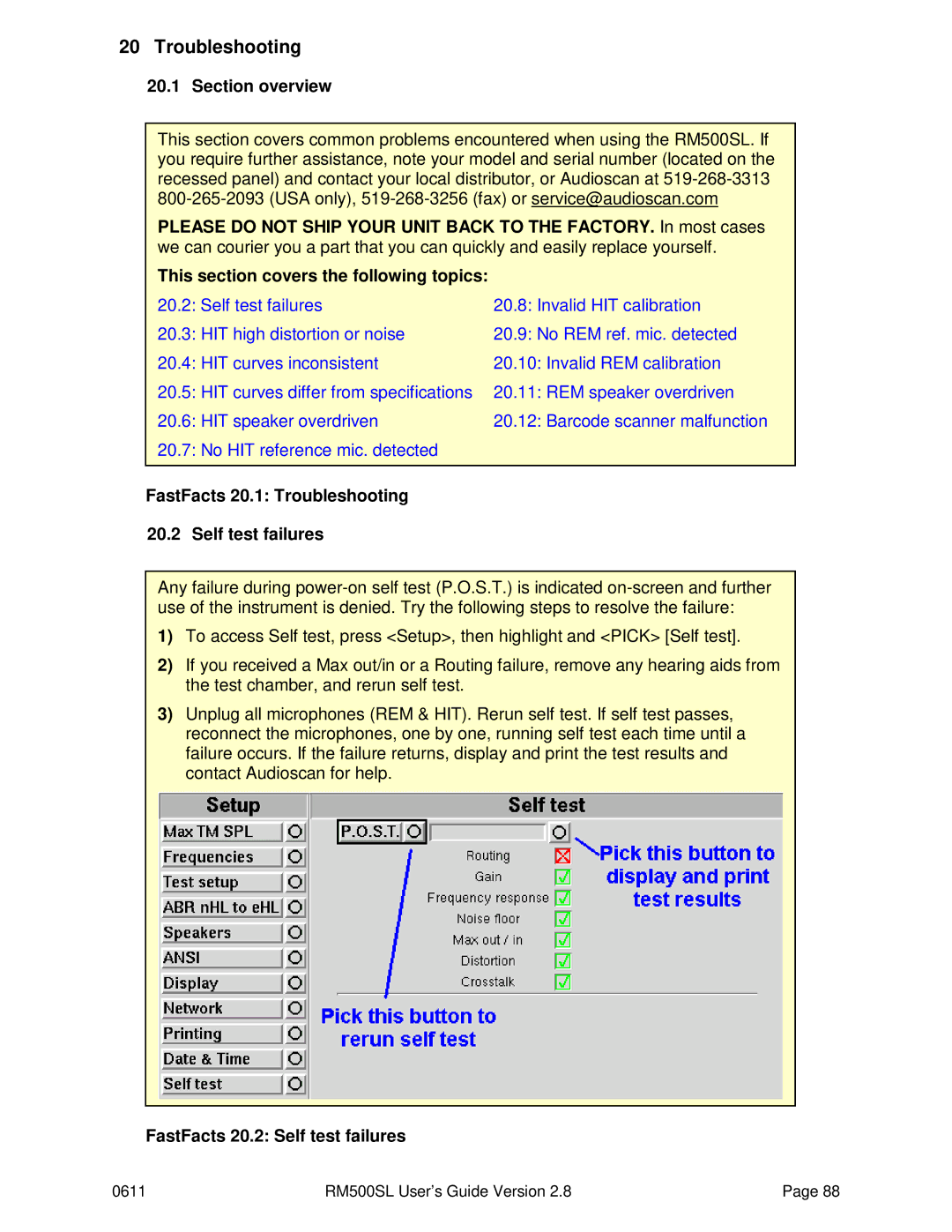 HP RM500SL manual FastFacts 20.1 Troubleshooting Self test failures, FastFacts 20.2 Self test failures 