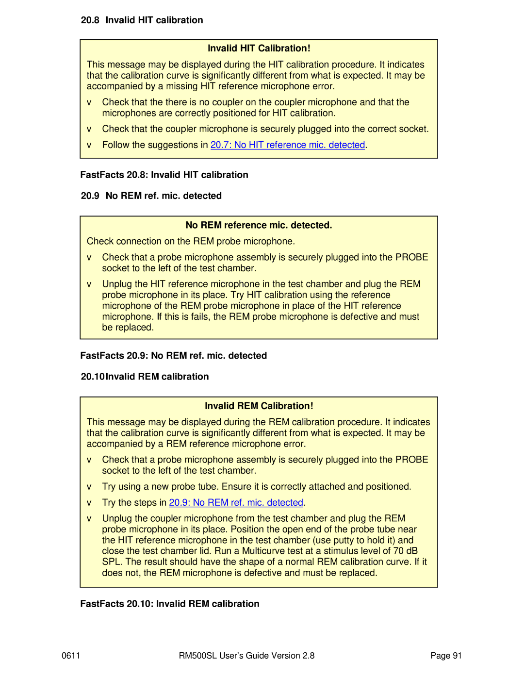 HP RM500SL manual Invalid HIT calibration Invalid HIT Calibration, FastFacts 20.10 Invalid REM calibration 