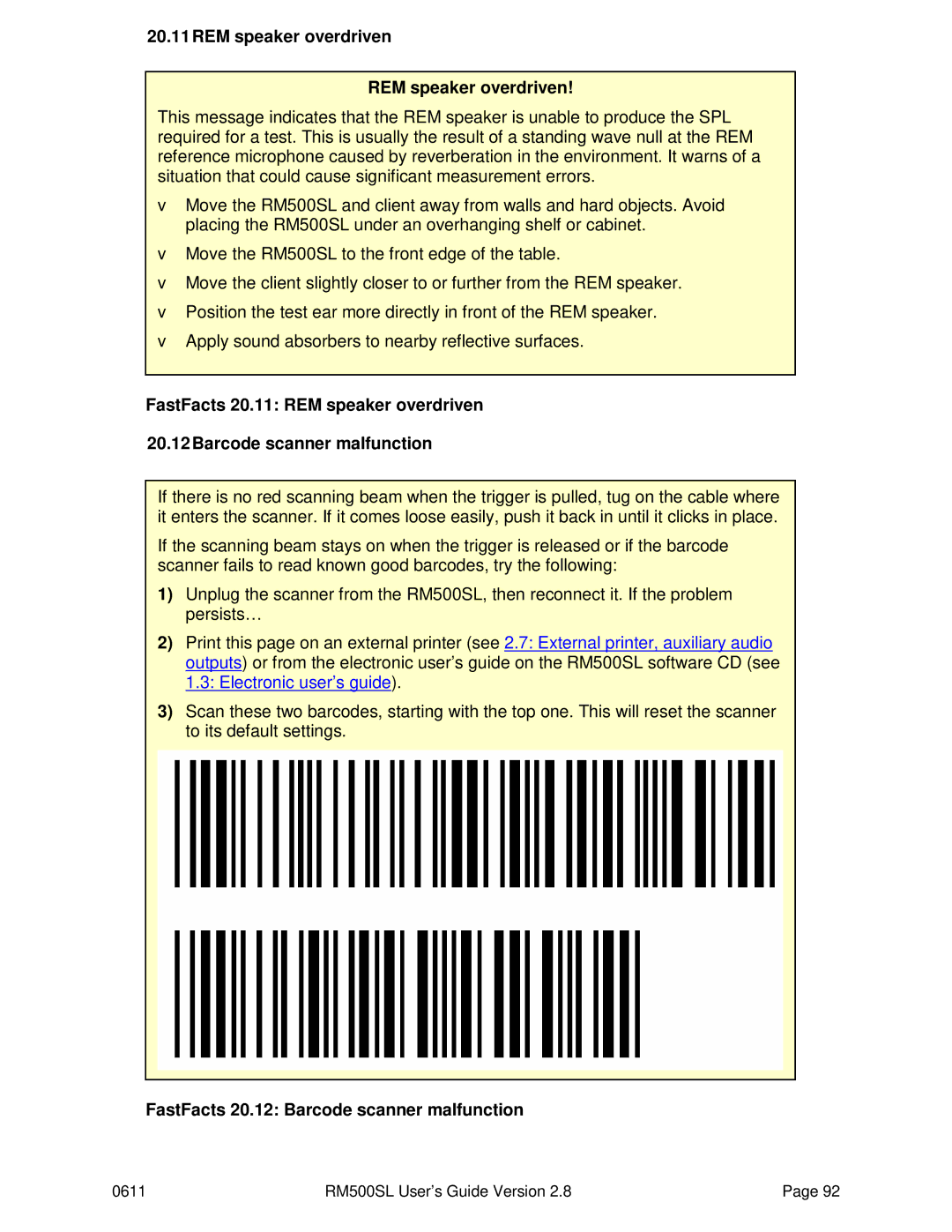 HP RM500SL manual 20.11REM speaker overdriven, FastFacts 20.12 Barcode scanner malfunction 