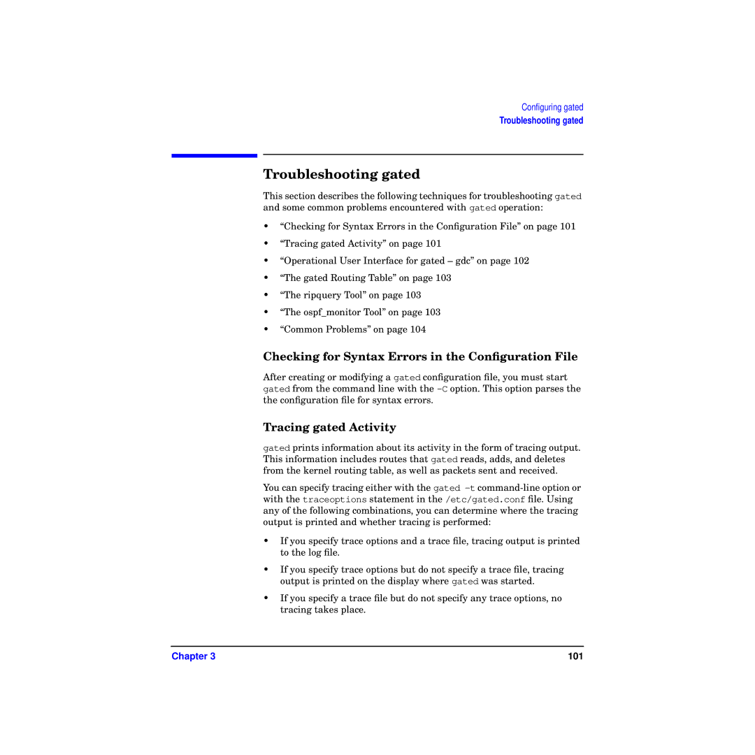 HP Routing Services -UX 11i v2 manual Troubleshooting gated, Checking for Syntax Errors in the Conﬁguration File 