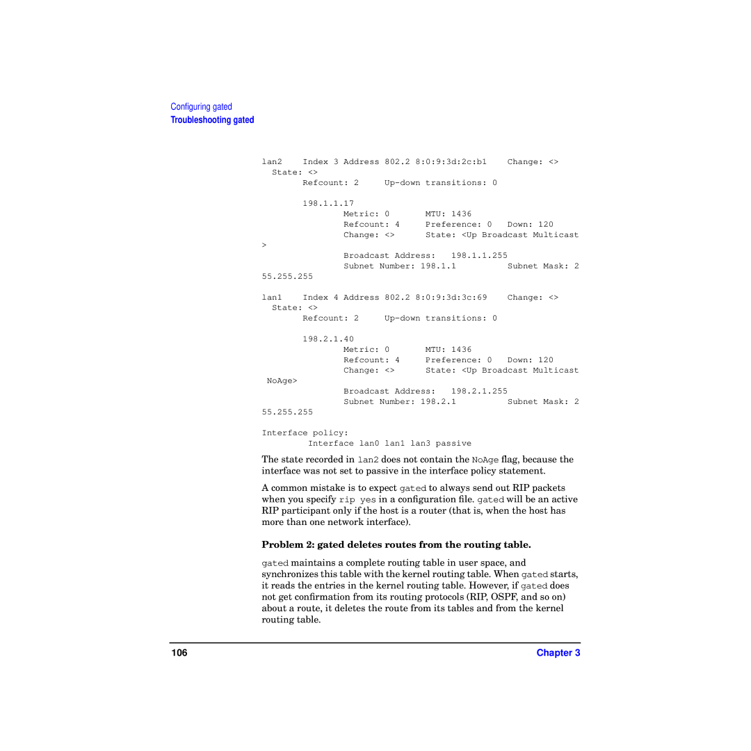 HP Routing Services -UX 11i v2 manual Problem 2 gated deletes routes from the routing table, 106 