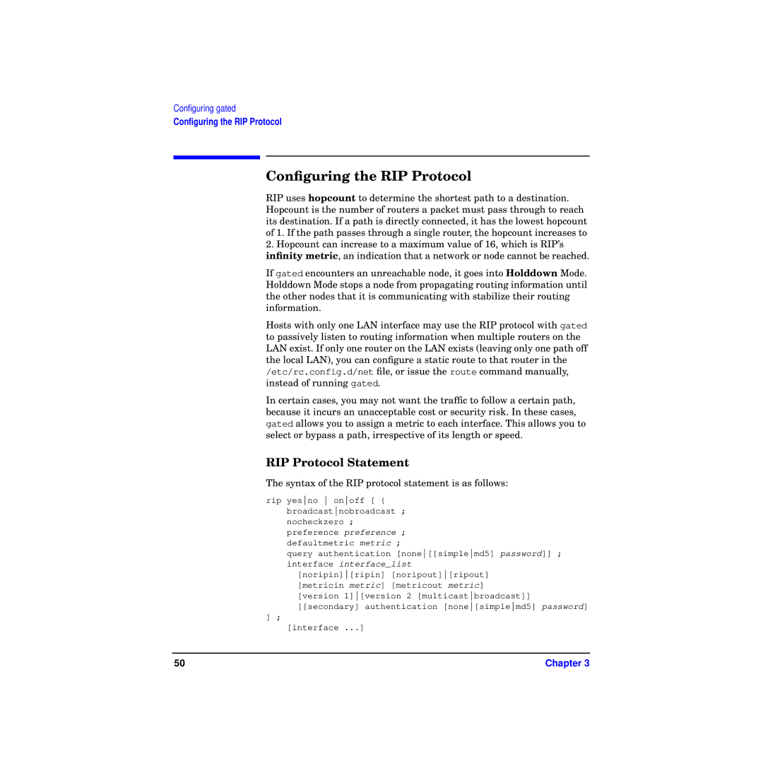 HP Routing Services -UX 11i v2 manual Conﬁguring the RIP Protocol, RIP Protocol Statement 