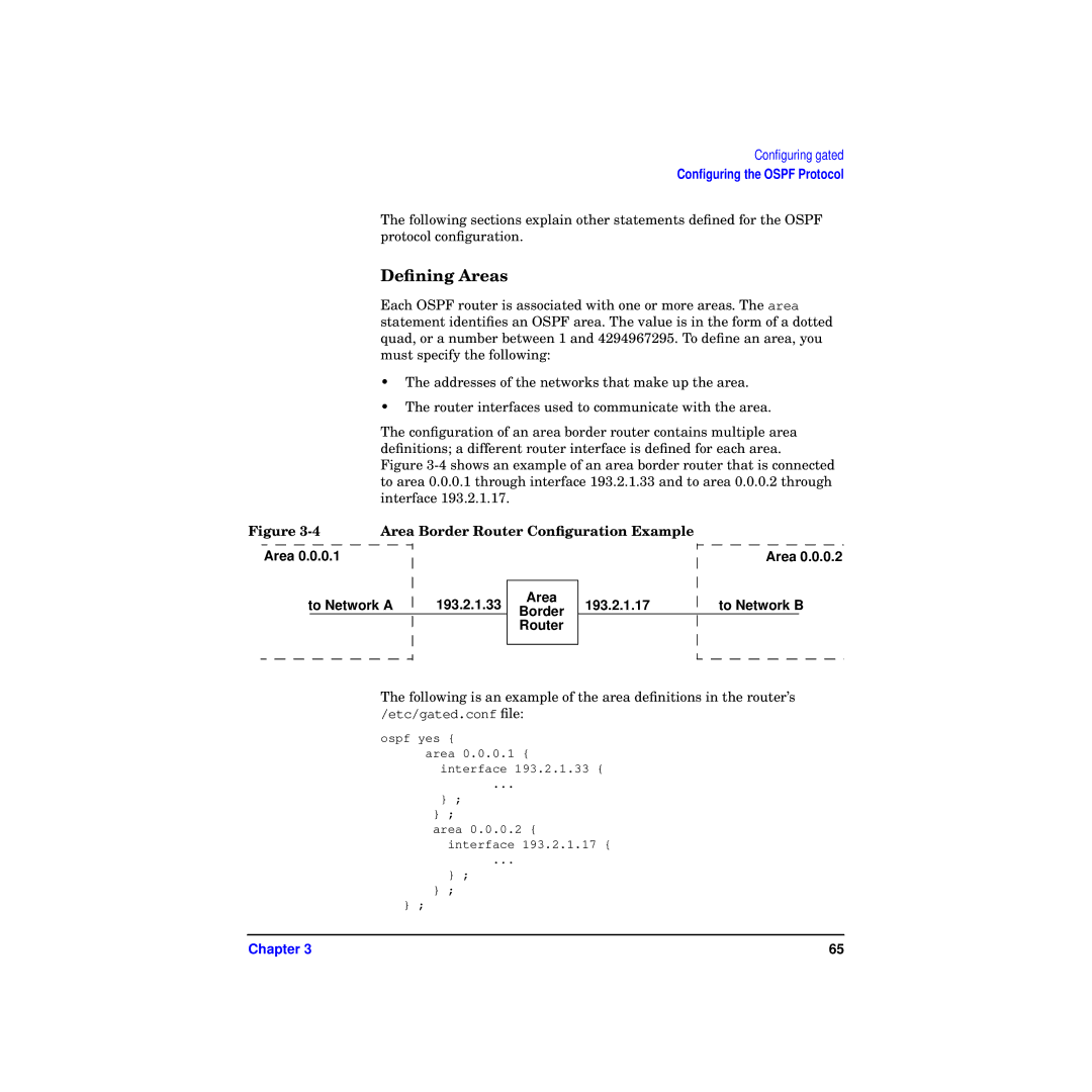 HP Routing Services -UX 11i v2 manual Deﬁning Areas, Area Border Router Conﬁguration Example 