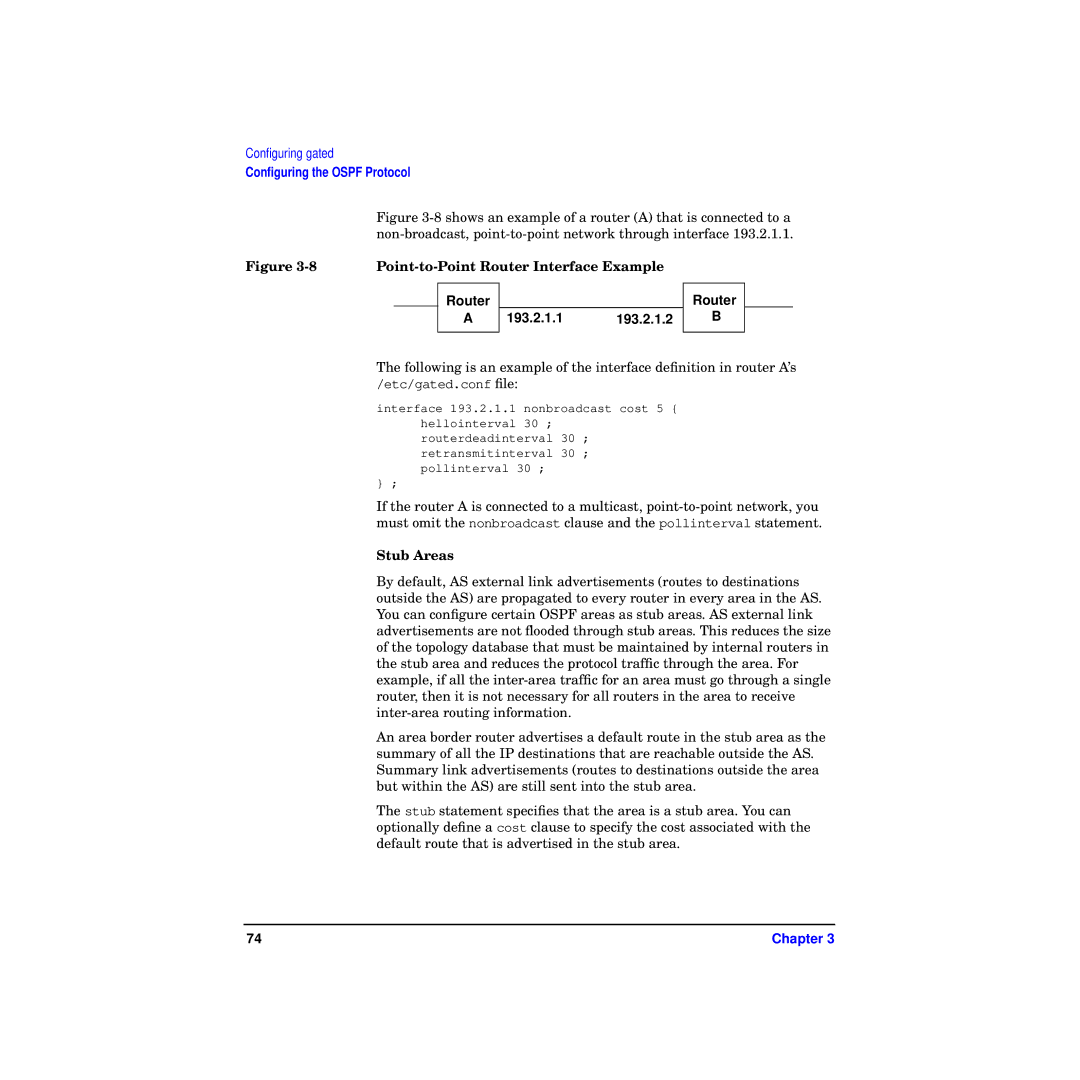 HP Routing Services -UX 11i v2 manual Point-to-Point Router Interface Example, Router 193.2.1.1 193.2.1.2, Stub Areas 