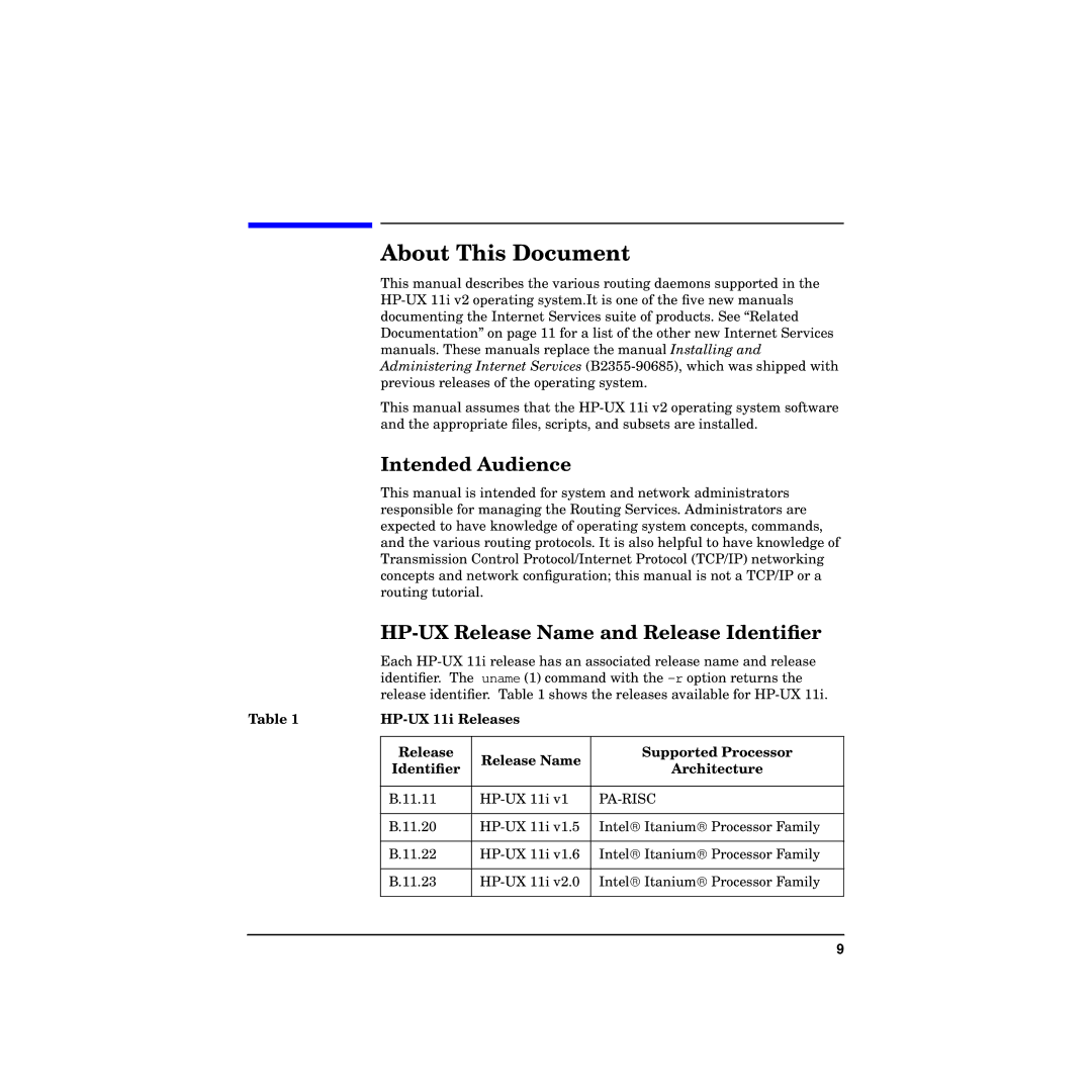 HP Routing Services -UX 11i v2 manual Intended Audience, HP-UX Release Name and Release Identiﬁer 