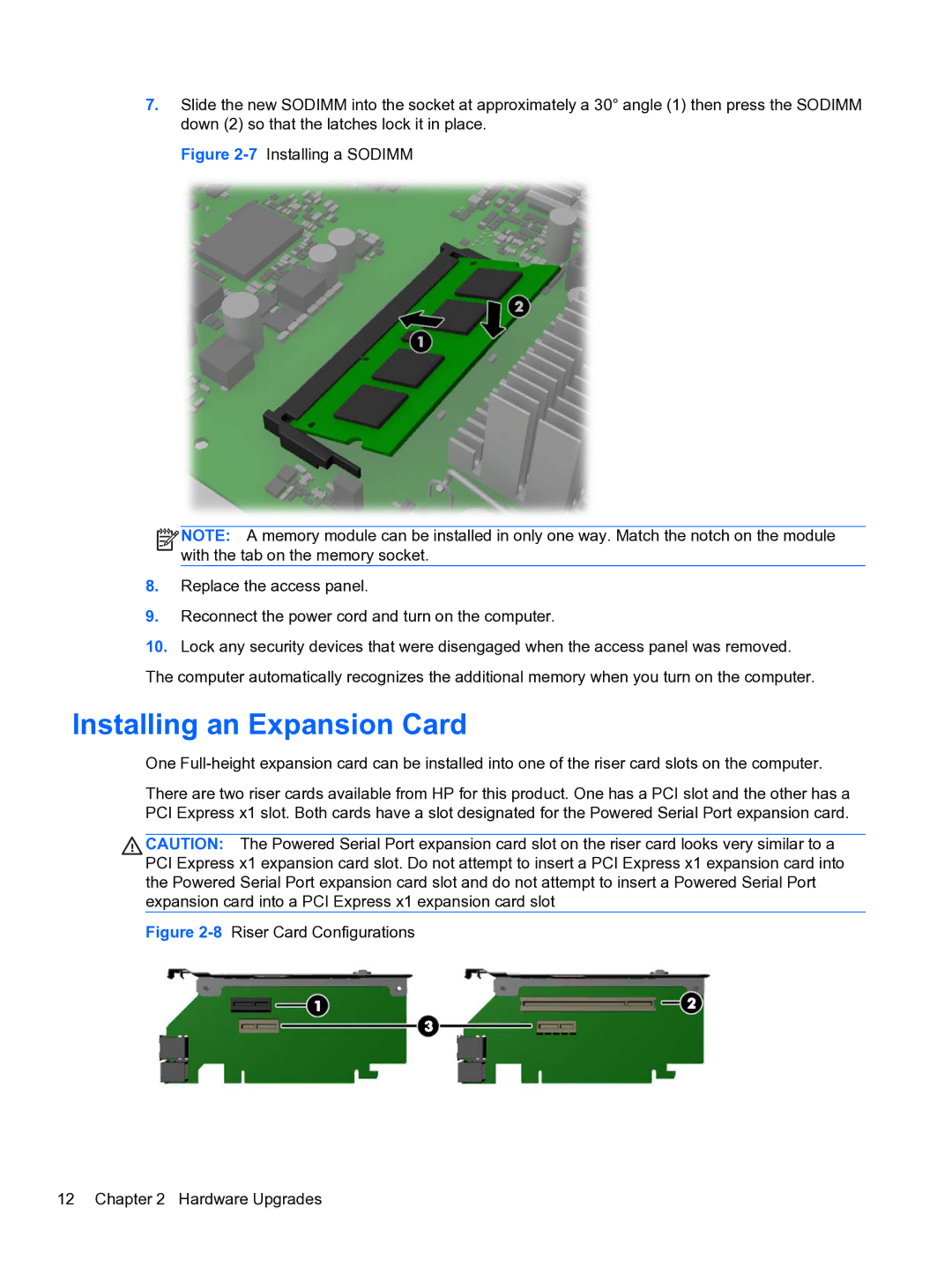 HP RP3 3100 manual Installing an Expansion Card, 8Riser Card Configurations Hardware Upgrades 