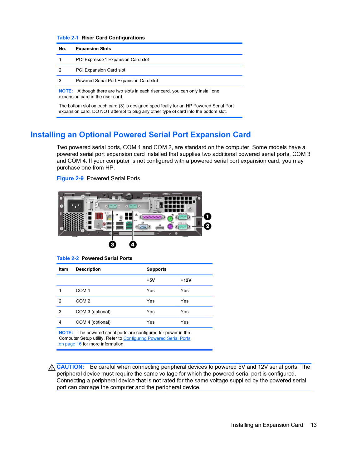 HP RP3 3100 manual Installing an Optional Powered Serial Port Expansion Card, 1Riser Card Configurations 