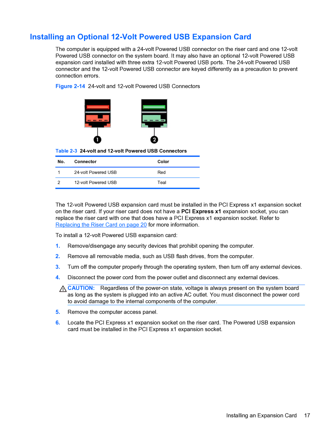 HP RP3 3100 manual Installing an Optional 12-Volt Powered USB Expansion Card, volt and 12-volt Powered USB Connectors 