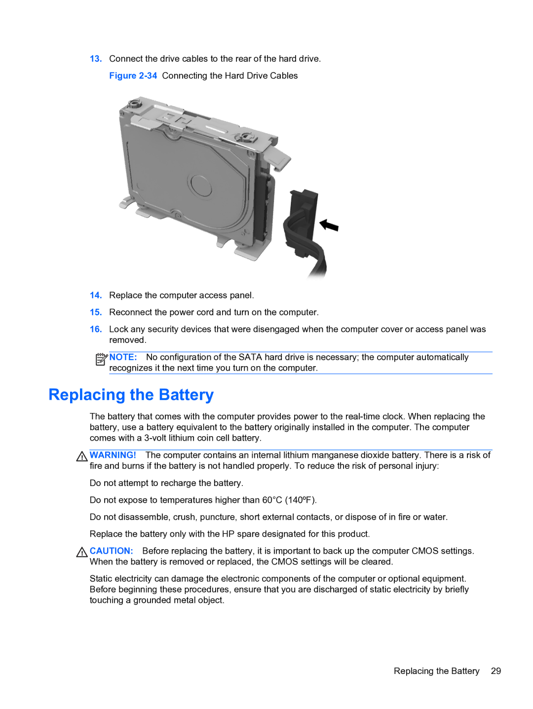 HP RP3 3100 manual Replacing the Battery 