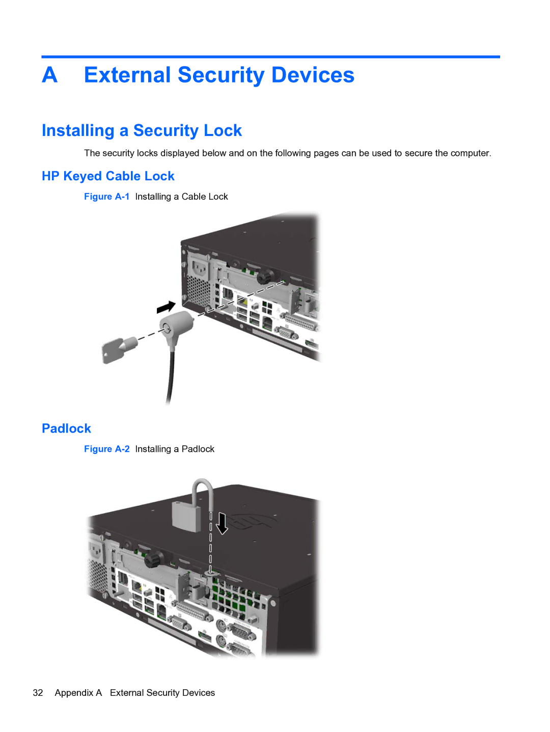 HP RP3 3100 manual External Security Devices, Installing a Security Lock, HP Keyed Cable Lock, Padlock 