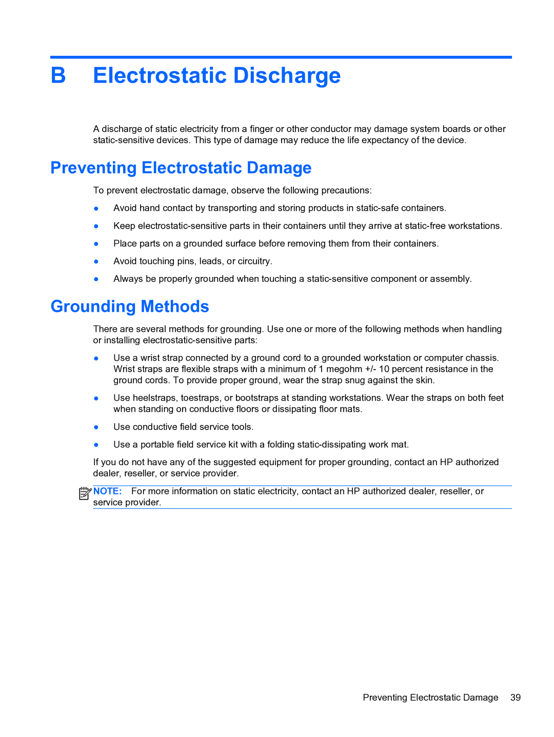 HP RP3 3100 manual Electrostatic Discharge, Preventing Electrostatic Damage, Grounding Methods 