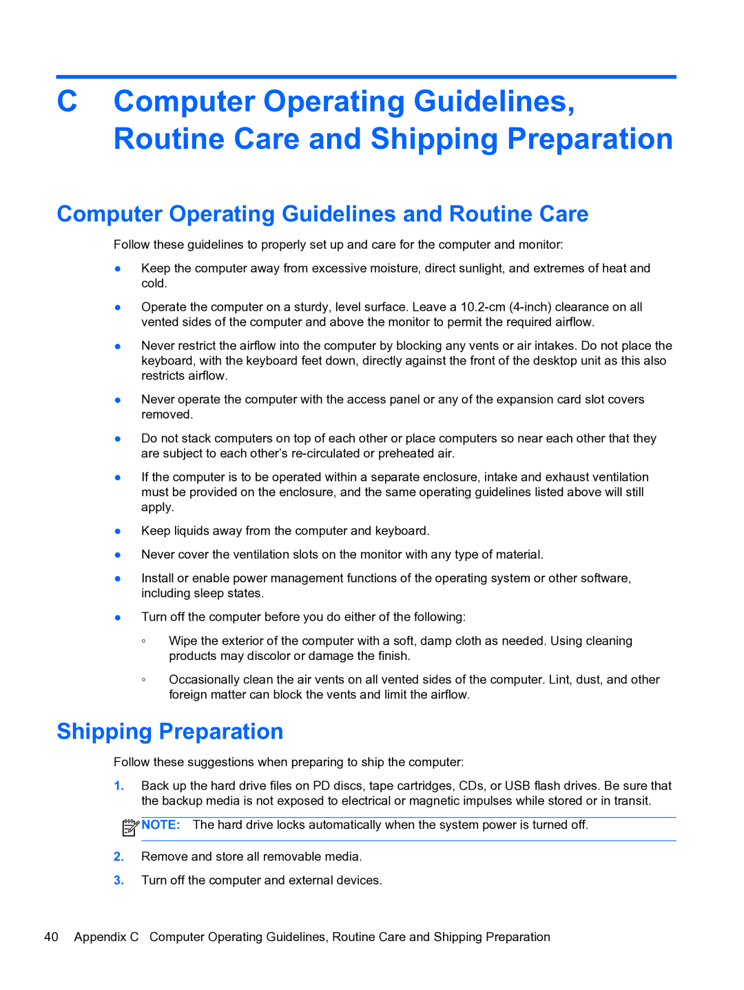 HP RP3 3100 manual Computer Operating Guidelines and Routine Care, Shipping Preparation 