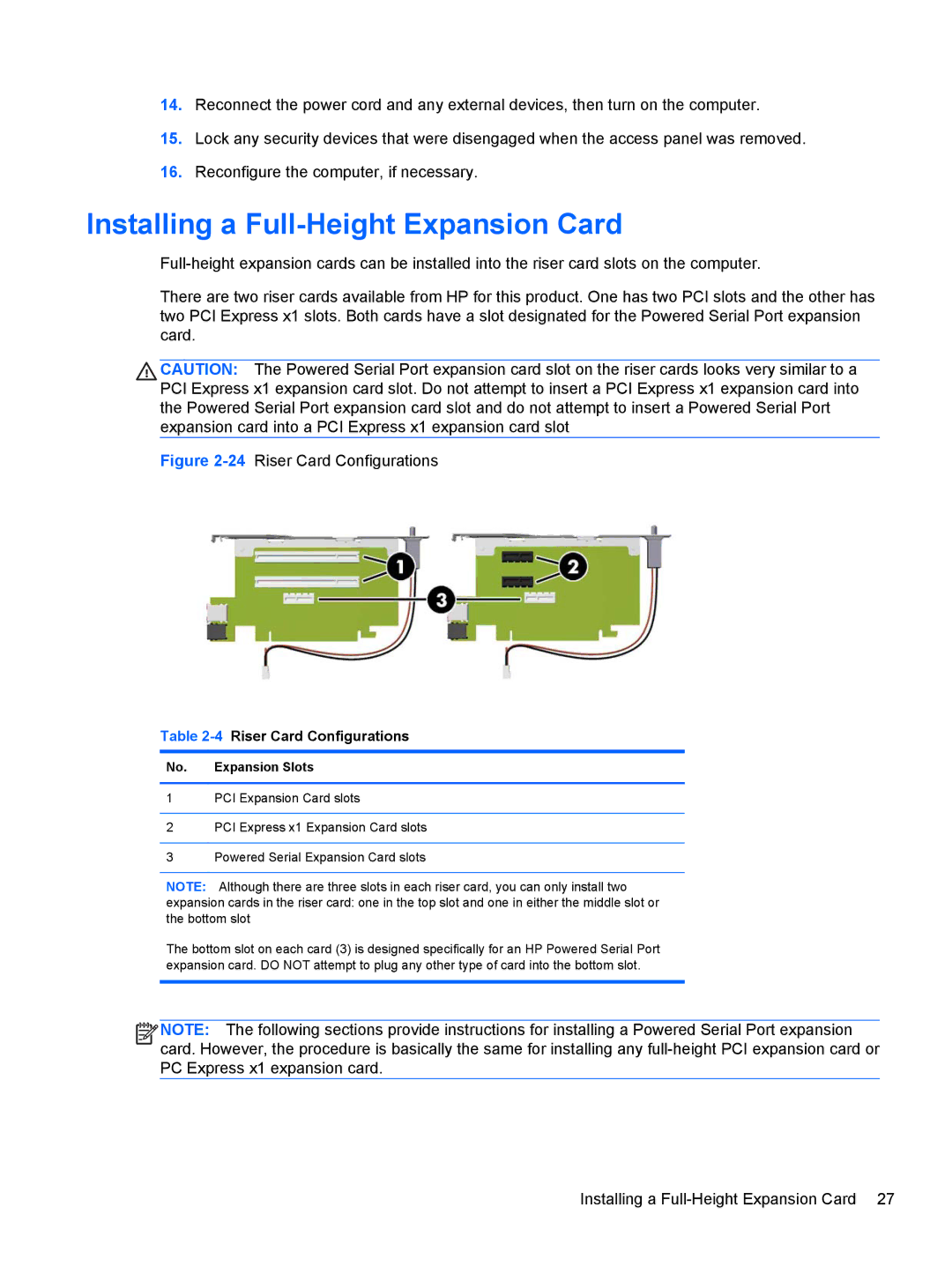 HP RP5 5810 manual Installing a Full-Height Expansion Card, 4Riser Card Configurations 