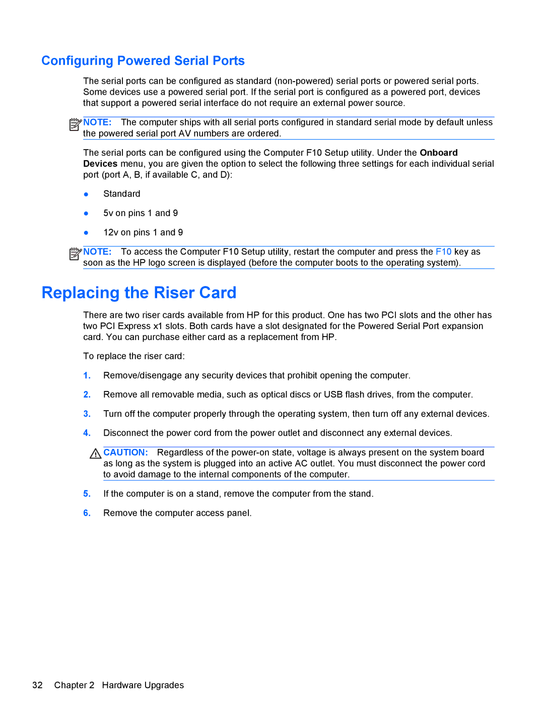 HP RP5 5810 manual Replacing the Riser Card, Configuring Powered Serial Ports 