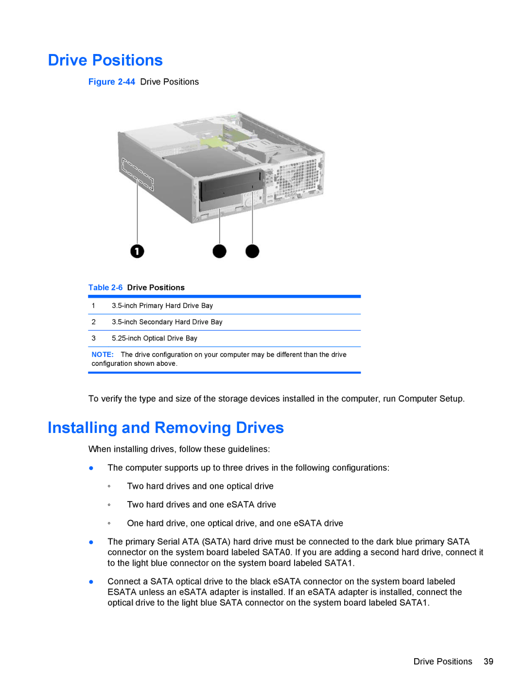 HP RP5 5810 manual Drive Positions, Installing and Removing Drives 