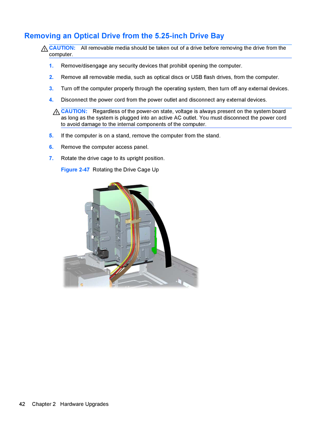 HP RP5 5810 manual Removing an Optical Drive from the 5.25-inch Drive Bay 