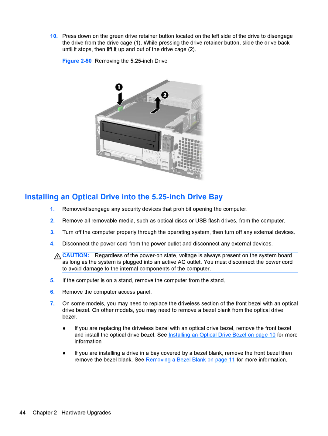 HP RP5 5810 manual Installing an Optical Drive into the 5.25-inch Drive Bay, 50Removing the 5.25-inch Drive 