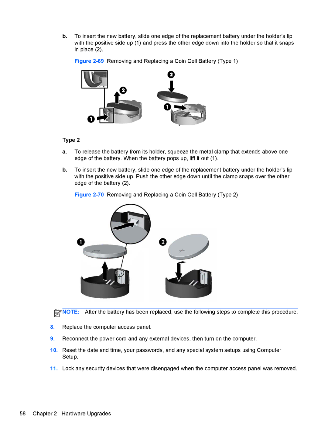 HP RP5 5810 manual 69Removing and Replacing a Coin Cell Battery Type 