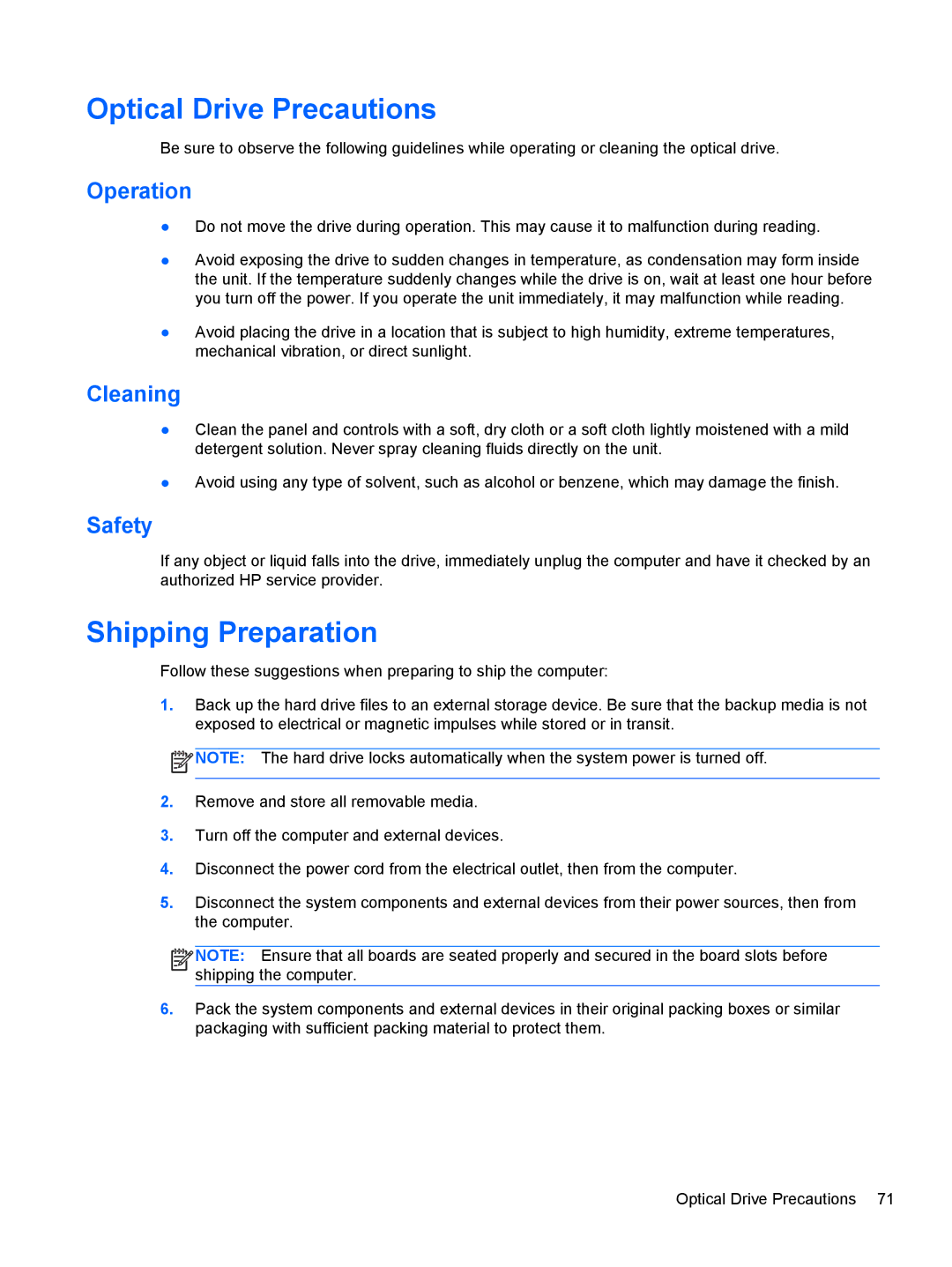 HP RP5 5810 manual Optical Drive Precautions, Shipping Preparation, Operation, Cleaning, Safety 