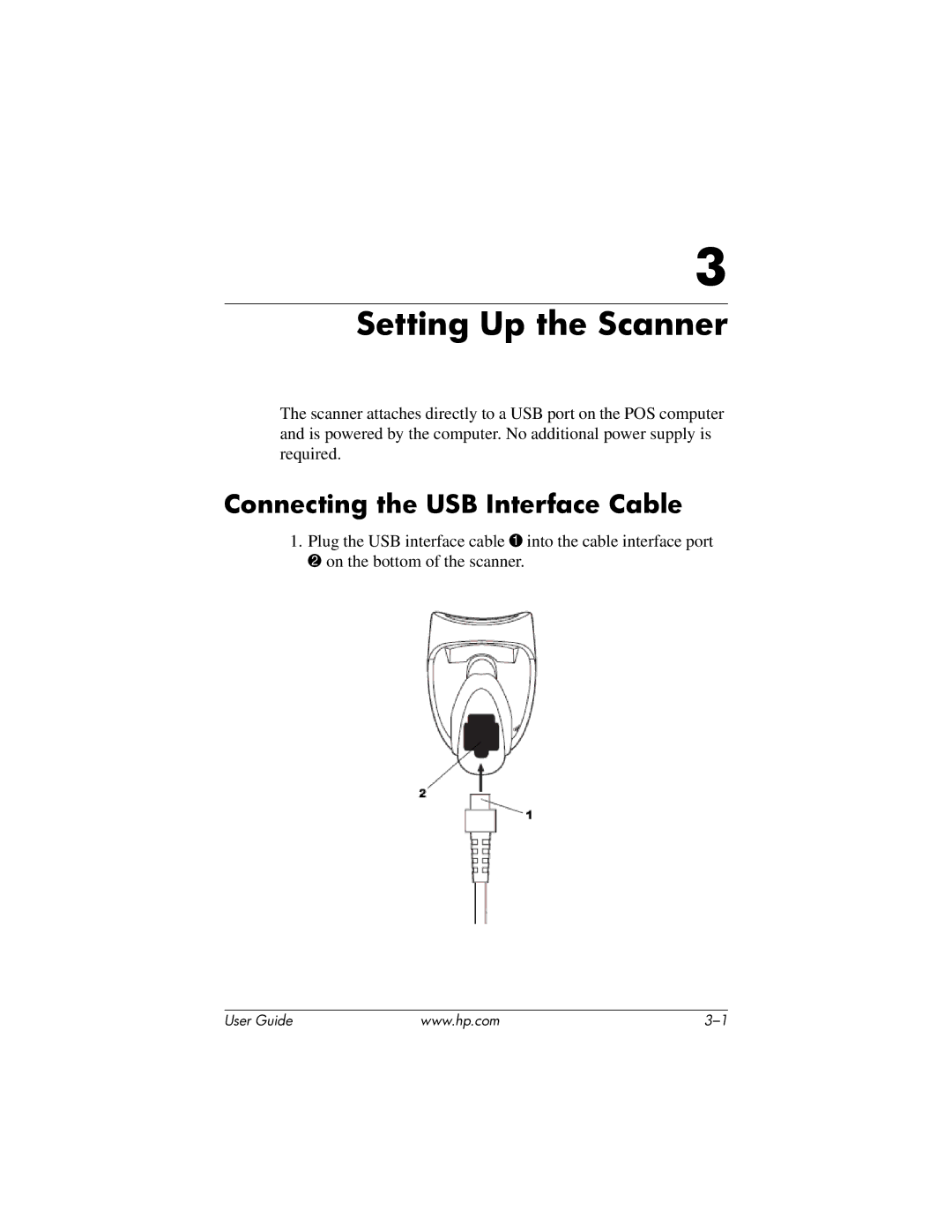 HP rp5000 Base Model Point of Sale, rp5000 Point of Sale manual Setting Up the Scanner, Connecting the USB Interface Cable 