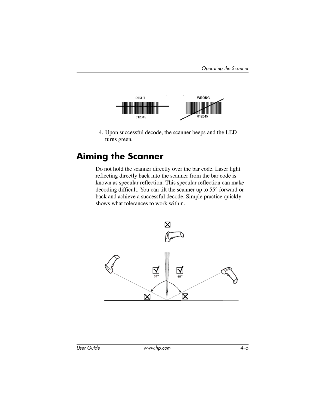 HP rp5000 Base Model Point of Sale, rp5000 Point of Sale manual Aiming the Scanner 