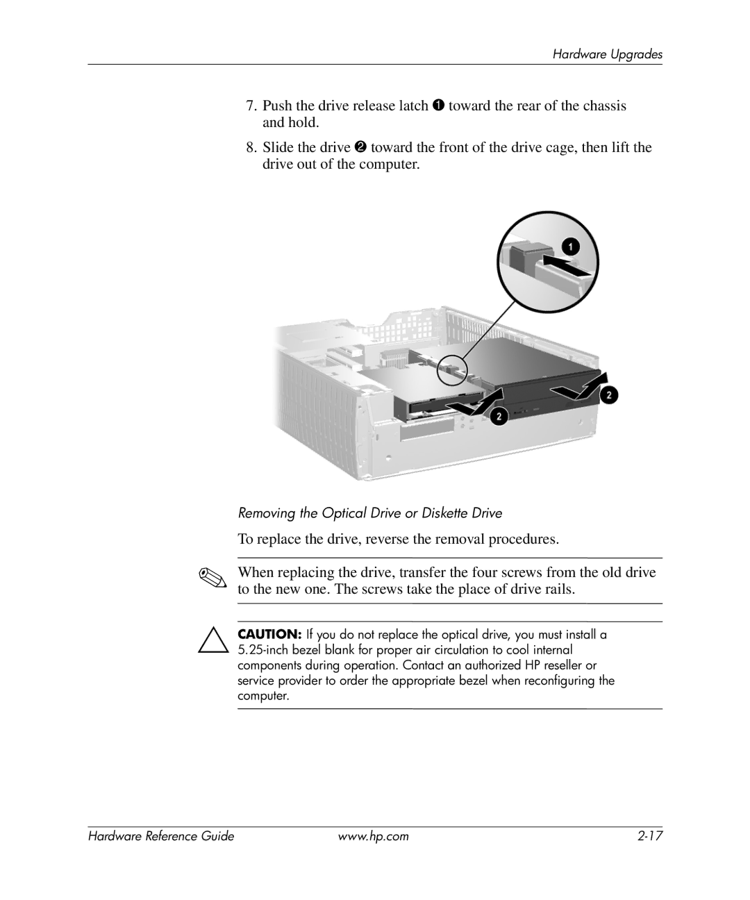 HP rp5000 Base Model Point of Sale, rp5000 Point of Sale manual Removing the Optical Drive or Diskette Drive 