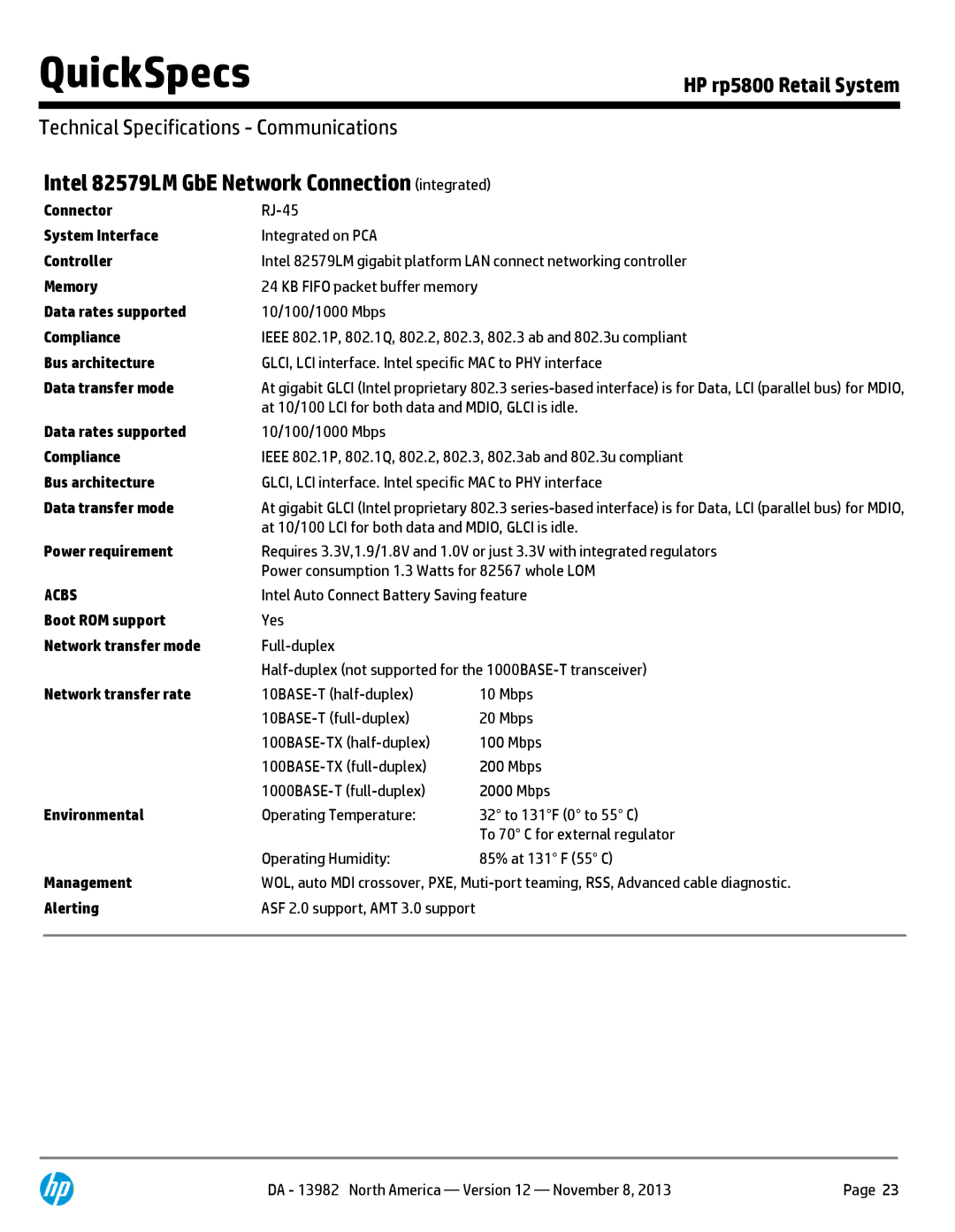 HP rp5800 POS Terminal XZ956UT#ABA manual Intel 82579LM GbE Network Connection integrated 