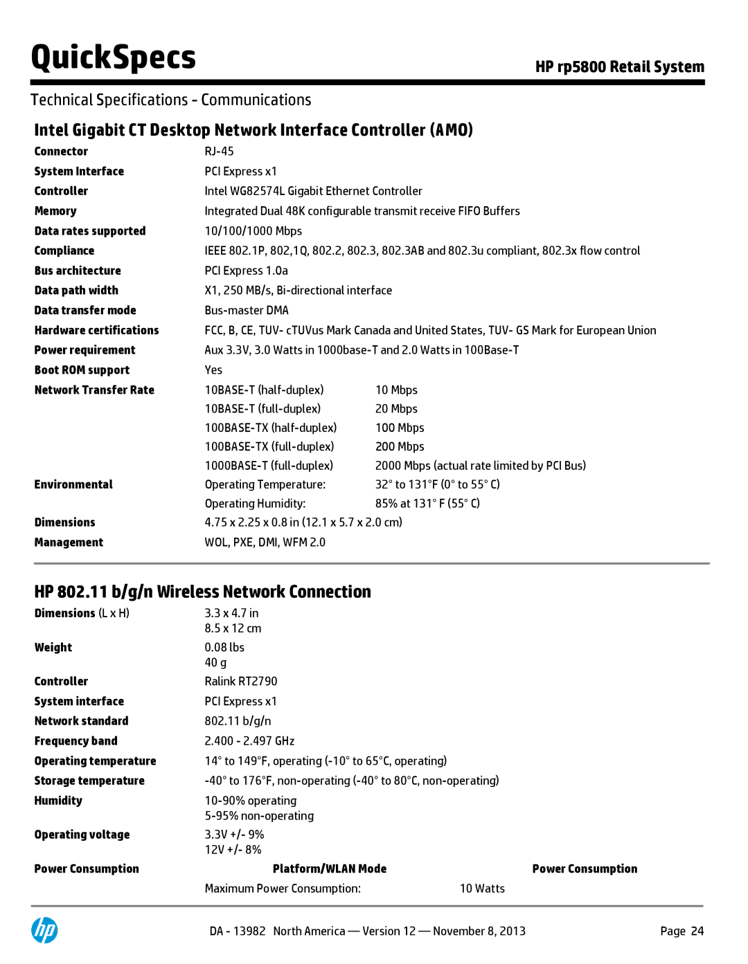 HP rp5800 POS Terminal XZ956UT#ABA manual Intel Gigabit CT Desktop Network Interface Controller AMO 