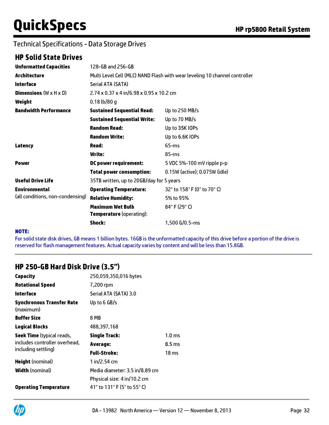 HP rp5800 POS Terminal XZ956UT#ABA manual HP Solid State Drives, HP 250-GB Hard Disk Drive 