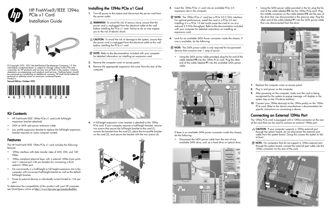 HP rp5800 Base Model Retail System, rp5800 Retail System manual Installing the 1394a PCIe x1 Card, Kit Contents, Features 