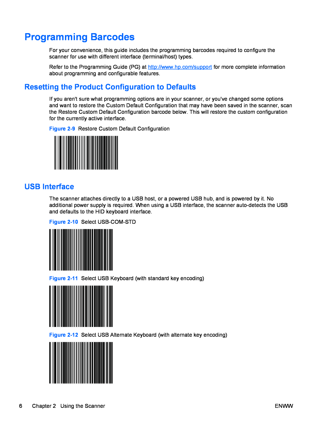 HP rp5800 Retail System manual Programming Barcodes, Resetting the Product Configuration to Defaults, USB Interface 