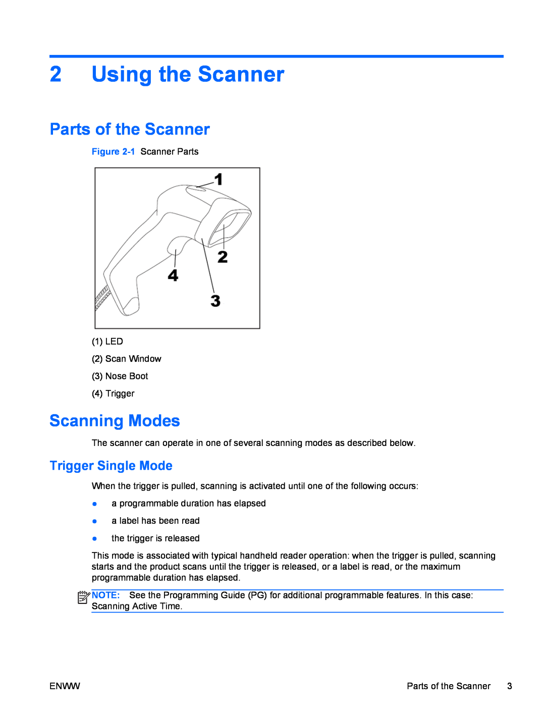 HP rp5800 Base Model Retail System manual Using the Scanner, Parts of the Scanner, Scanning Modes, Trigger Single Mode 