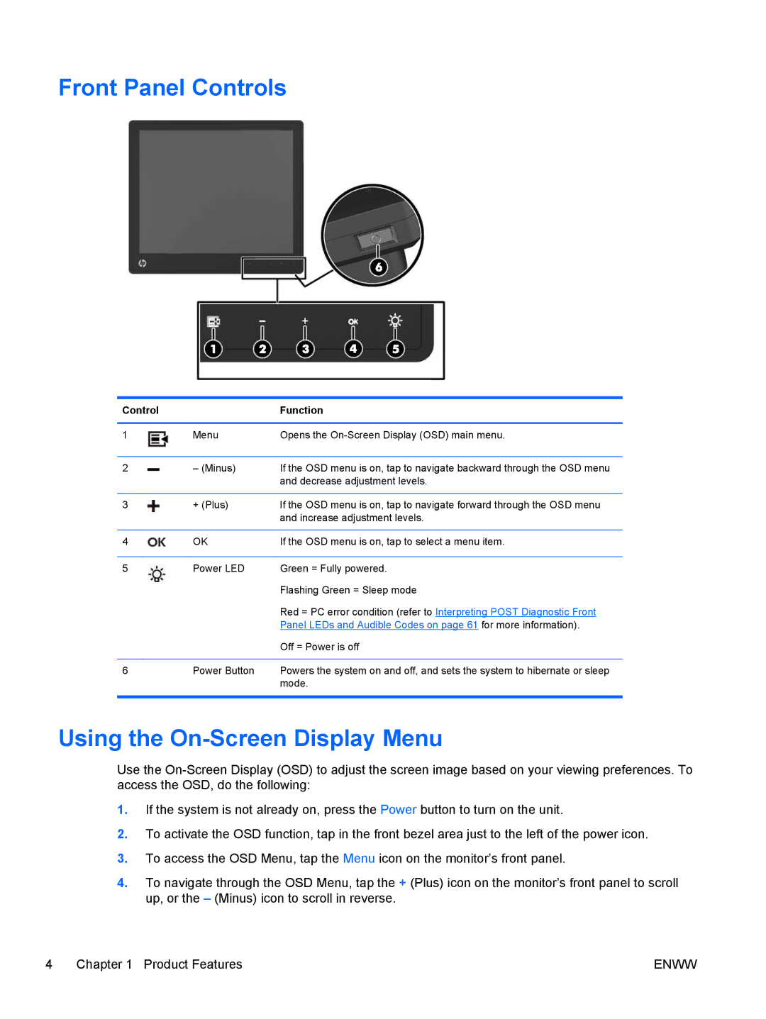 HP RP7 7800 Base Model manual Front Panel Controls, Using the On-Screen Display Menu 