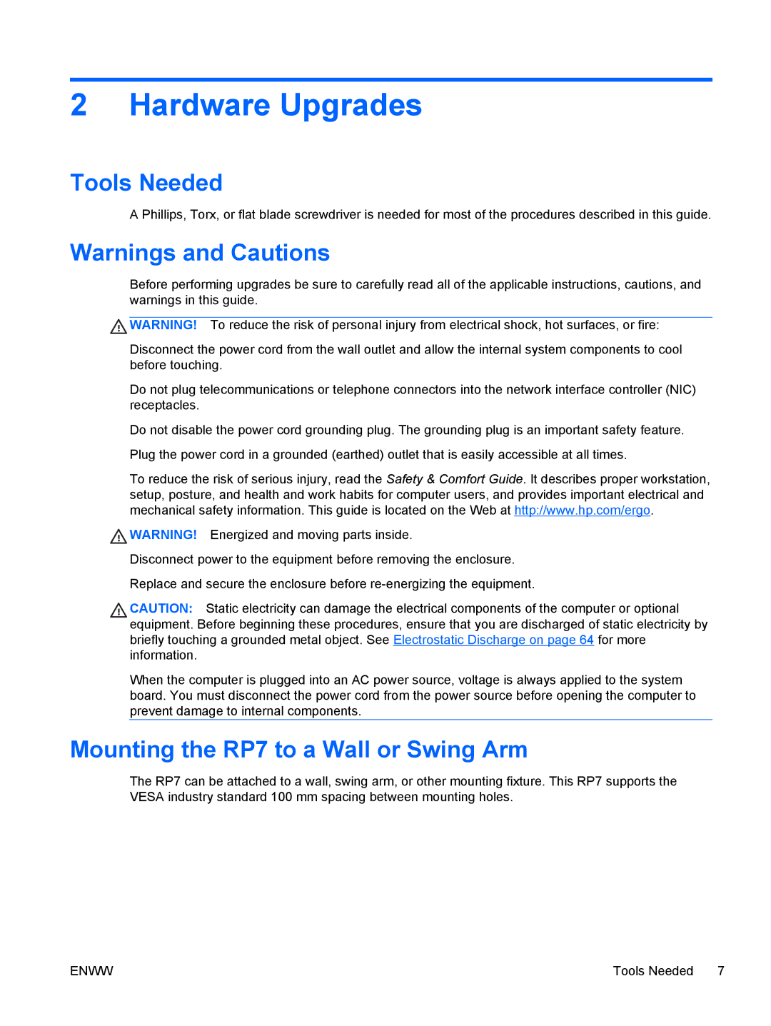 HP RP7 7800 Base Model manual Tools Needed, Mounting the RP7 to a Wall or Swing Arm 