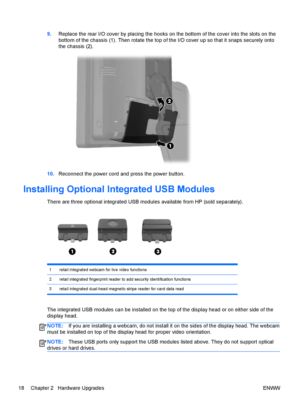 HP RP7 7800 Base Model manual Installing Optional Integrated USB Modules 