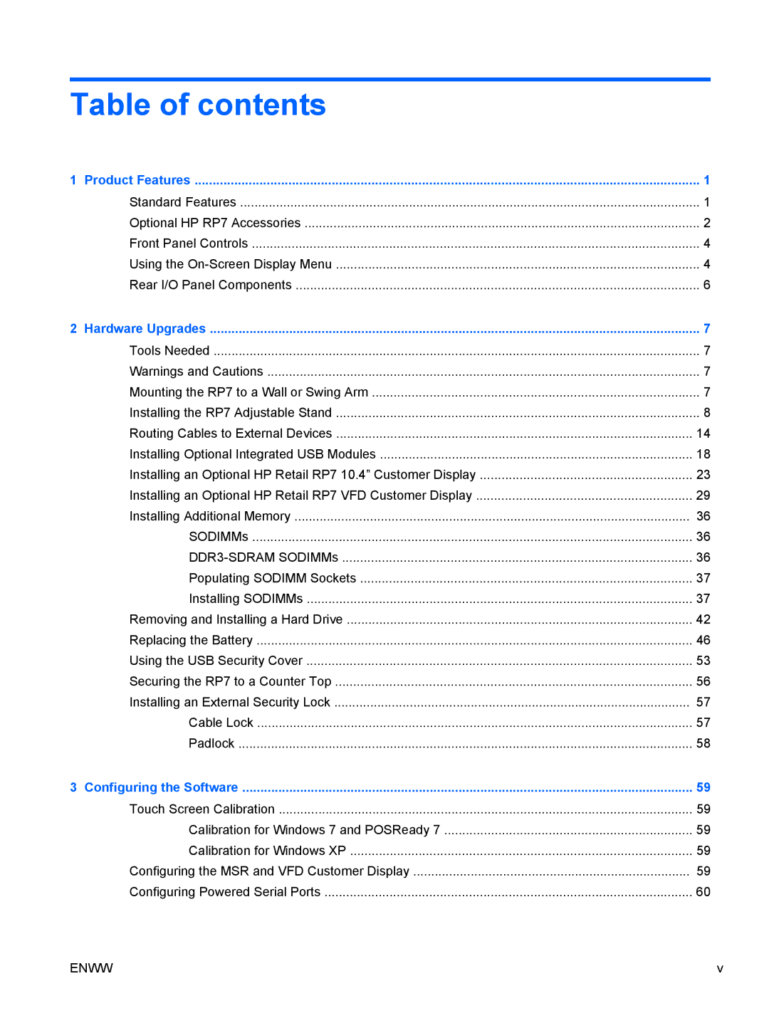 HP RP7 7800 Base Model manual Table of contents 