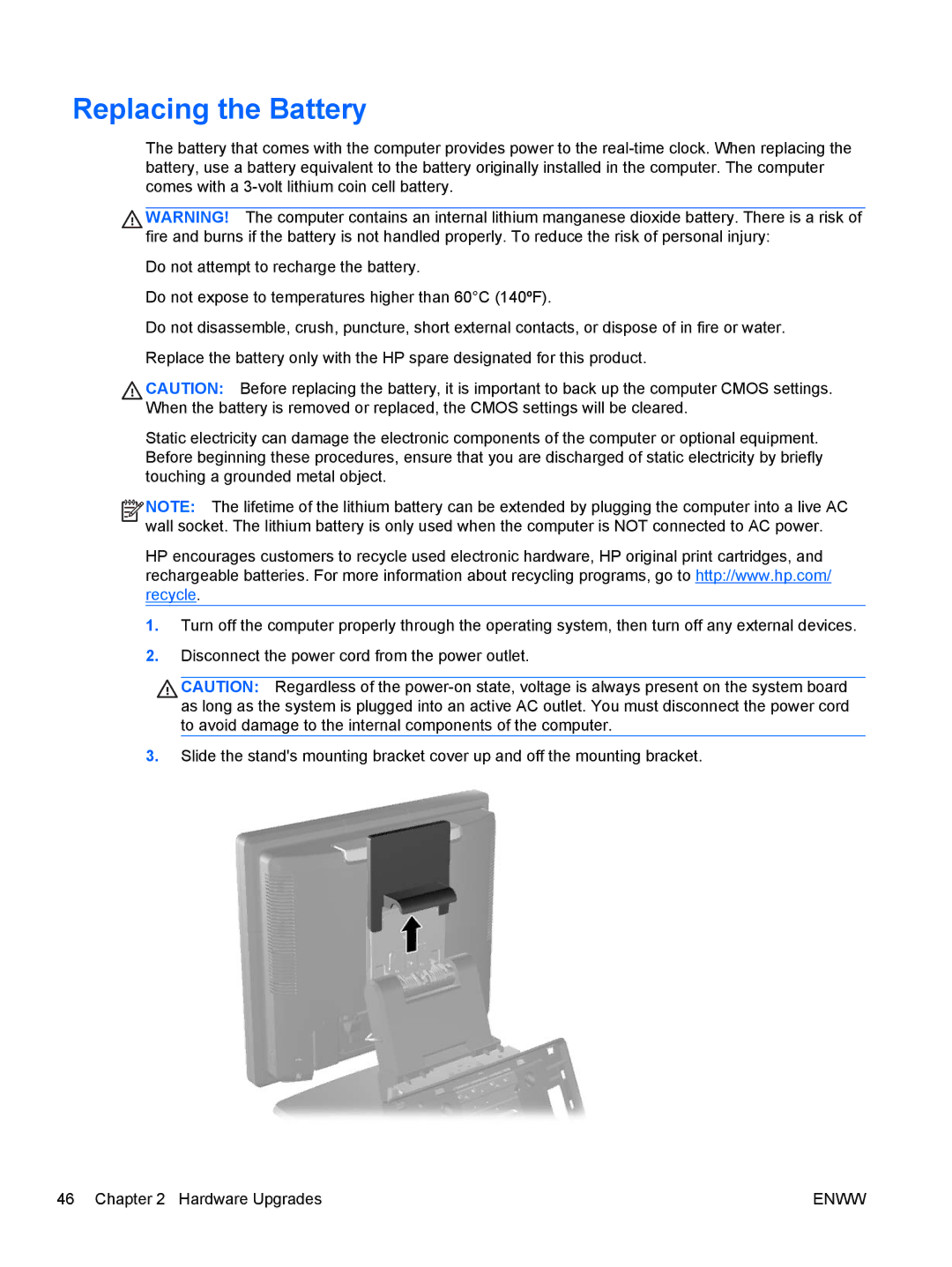 HP RP7 7800 Base Model manual Replacing the Battery 